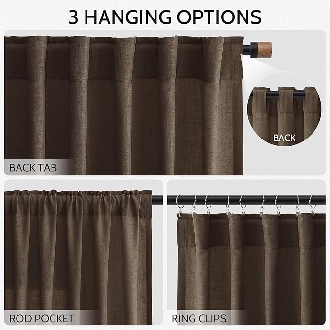 Extra Long Curtain Chocolate Morden Linen Blend Light Filtering Back Tab - Image 3