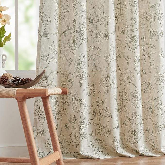 jinchan Floral Linen Curtains for Living Room 96 Inch Length Green Flower - Image 8