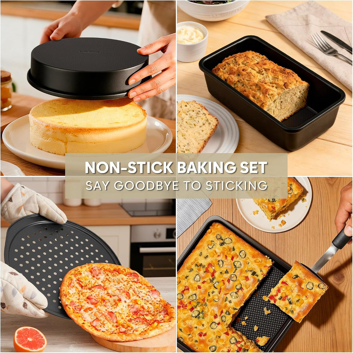 10-Piece Nonstick Bakeware Set, 0.8MM Thick Carbon Steel Baking Pan Set for Oven with Cookie Sheet, Muffin Pan, Pizza Pan, Loaf Pan and Cooling Rack, Stackable Kitchen Baking Set, PFOA/PTFE Free