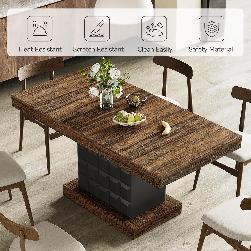LITTLE TREE 63" Modern Dining Table, Rectangular Dinner Table for 4-6, Farmhouse Kitchen Table, Sturdy Wood Pedestal Base for Kitchen/Dining Room, Rustic Brown & Black