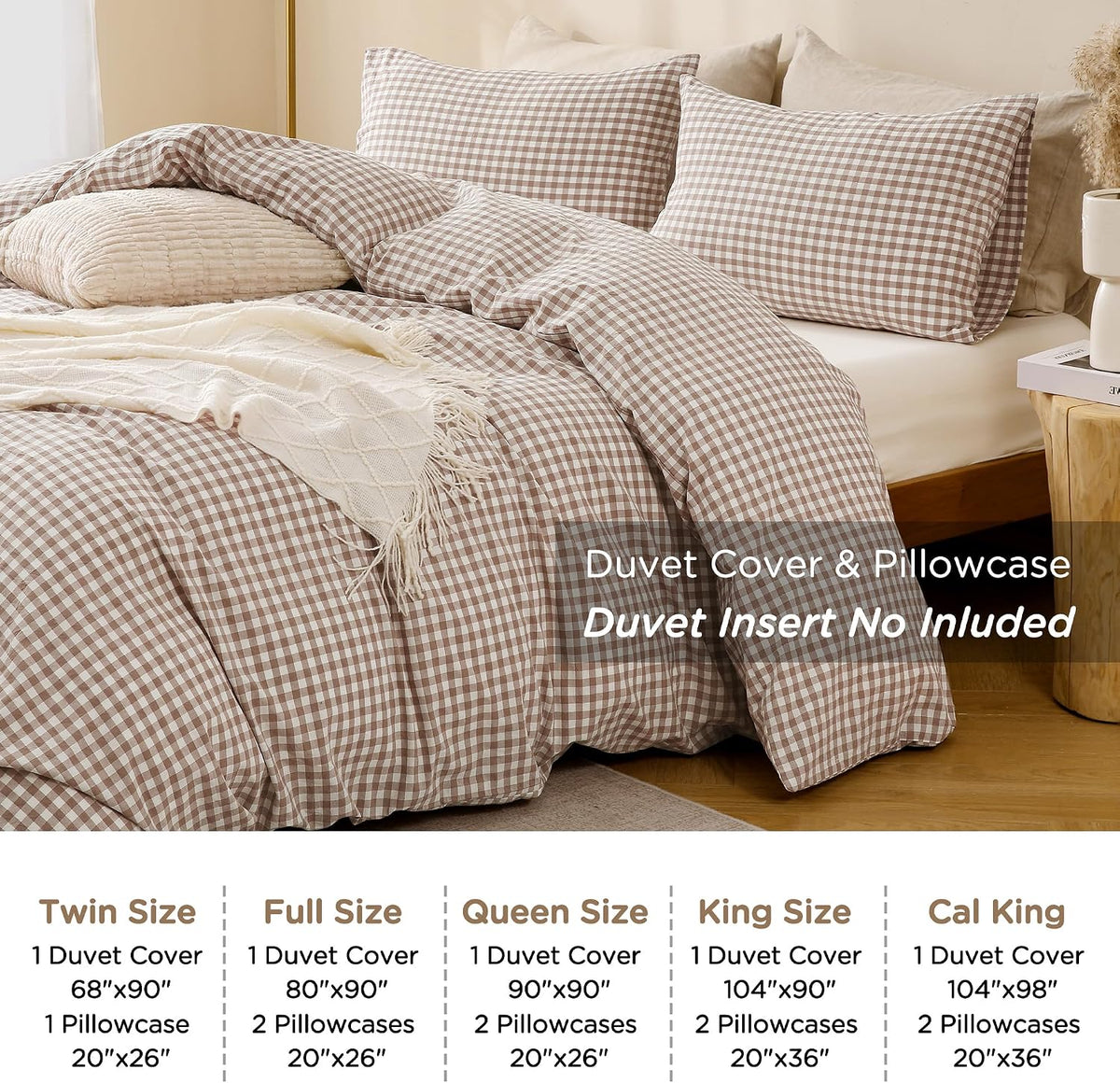 TOCOMOA Tan Gingham Duvet Cover Bedding Set Washed Cotton Like Linen, Queen