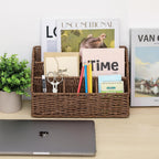 DINGTAI Rattan Desk Organizer, Tabletop Mail Holder, 5 Slot Mail Organizer Countertop Basket, Rattan Office Supplies, Boho Office Desk Accessories, Wicker Desk Organizer, Magazine Holder（Brown）
