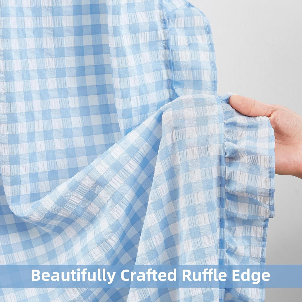 ZJDECOR Baby Blue Buffalo Plaid Ruffle Window Curtain Panels 84 Inches Long