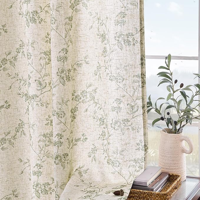 Lazzzy Linen Farmhouse Curtains Green Floral Curtains 63 Inch Length Back Tab - Image 8