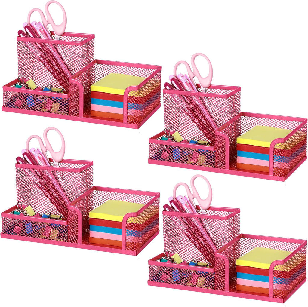 Ludato 4 Pieces 3 Compartments Mesh Pen Holder Desk Organizers Caddy and Accessories for Desk,Black Pencil Holder,Sticky Notes Holder for Home,Office and School