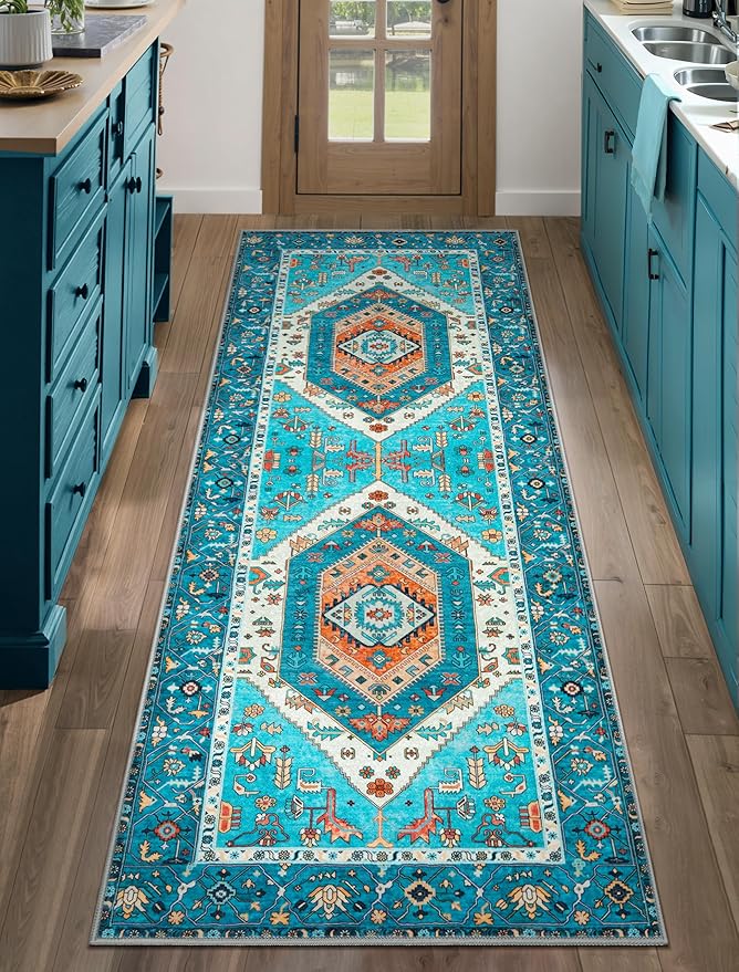 SERISSA Boho Washable Runner Rug, 2x5 Rug Runner Non-Slip Vintage Blue Hallway by SERISSAHomeDecorCollection