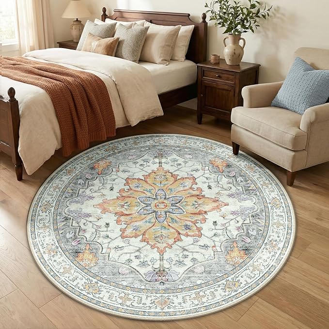 Area Rugs 5ft Washable Non-Slip, Floral Vintage Distress Print Pattern by RELEANY