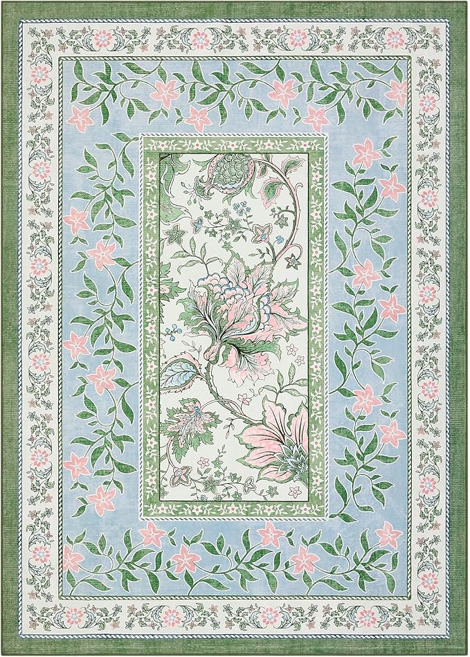 GarveeHome Blue Green Pink Area Rugs 9x12 Living Room, Botanical Grove Cottage - Image 10