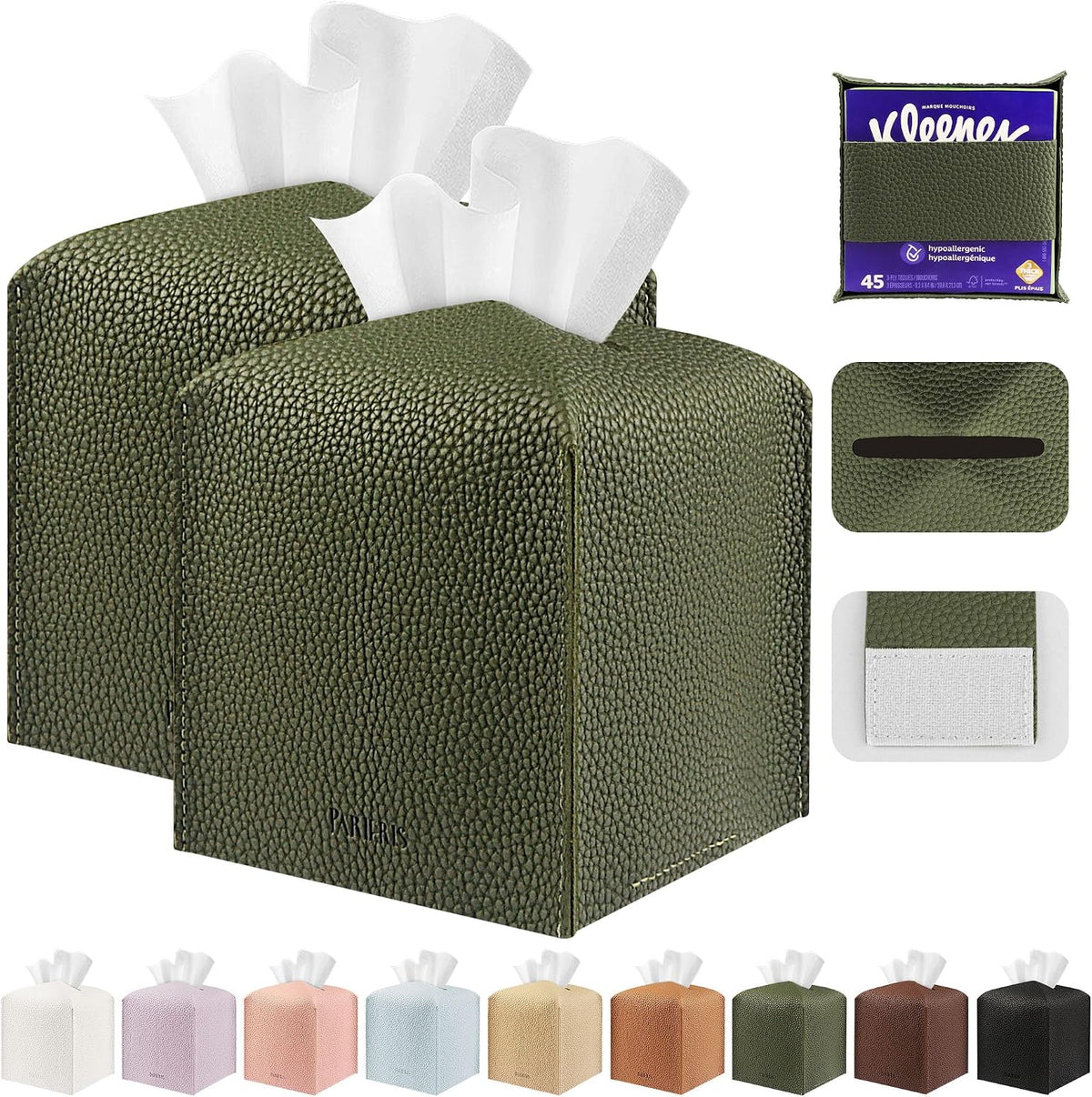 Tissue Box Cover Holder Square Tissue Cube Cover PU Leather Tissue Organizer with Bottom Belt for Bathroom, Tabletop, Car, Night Stands, Office, Home, Kitchen (2, Off White)