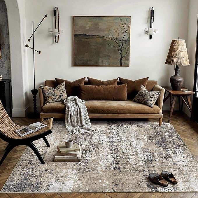 3x5 Abstract Area Rug Brown Washable Modern Neutral Office Carpet Non Slip - Image 2