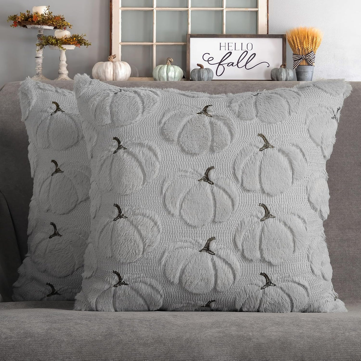 Fall Pillow Covers 18x18 Set of 2 Gray Pumpkin Decorations for Home