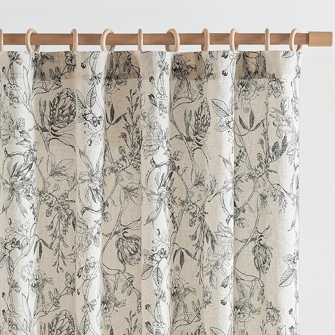 jinchan Floral Curtains 108 Inch Length Black Flower Linen Farmhouse Curtain by JINCHAN