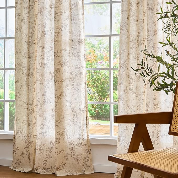Lazzzy Taupe Floral Linen Curtains 96 Inch Farmhouse Back Tab Drapes - Image 8