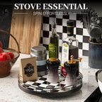 10.2-Inch Black and White Checkerboard Lazy Susan with Oak Base