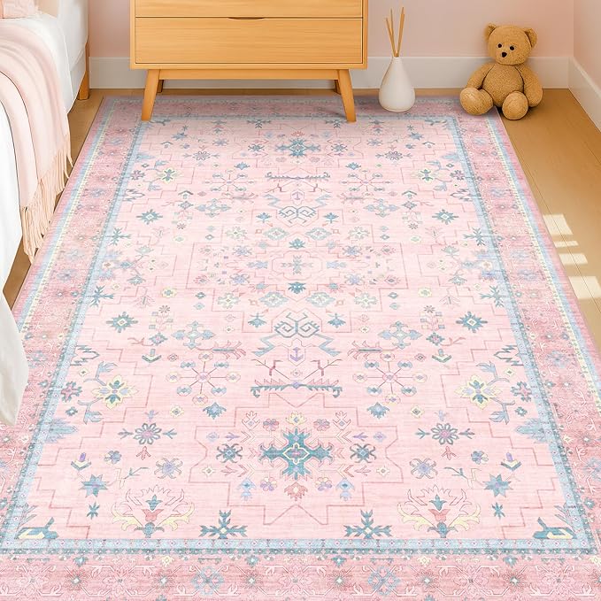 Washable Pink and Blue 6x8 Boho Rugs - Image 9