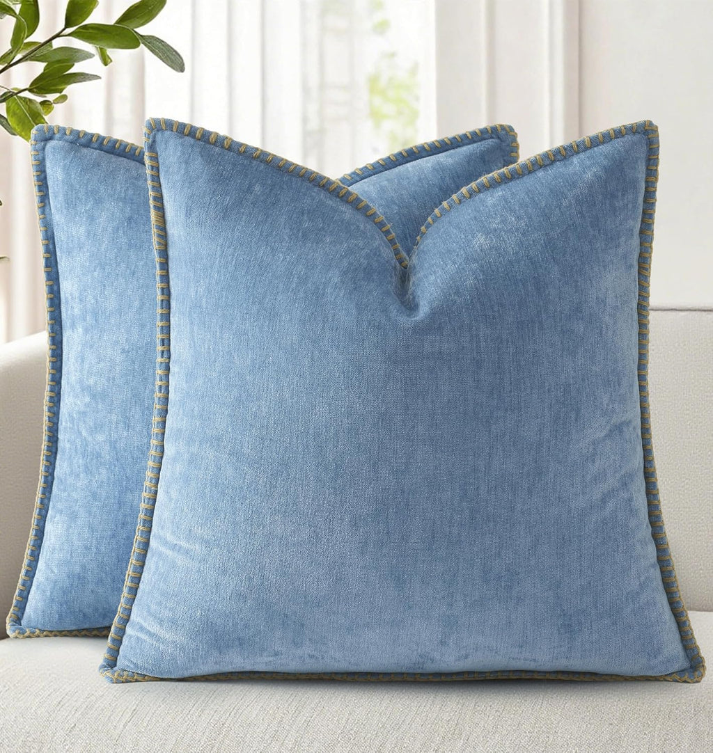 decorUhome Soft Chenille Throw Pillow Covers 18x18 Set of 2 Blue
