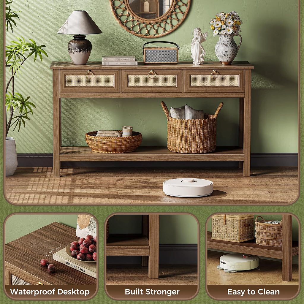 SUPERJARE Rattan Console Sofa Table with Outlets, USB-C Port and 3 Drawers