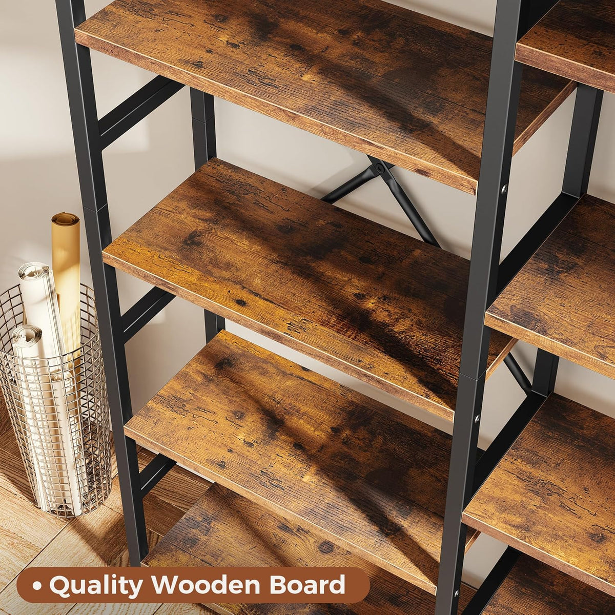 SUPERJARE Triple Bookshelf, Bookcase with 14 Open Display Shelves, Wide Book Shelf Book Case for Home & Office, 5 Tier, Brown