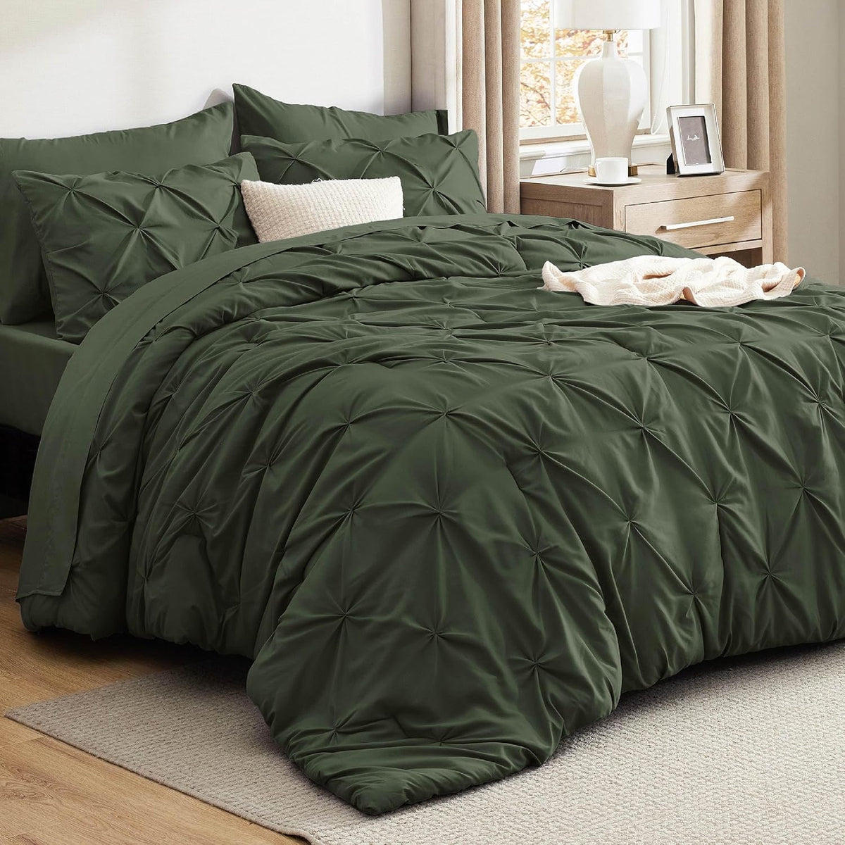 Bedsure 7-Piece Olive Green Comforter & Sheet Set, Queen Bed in a Bag