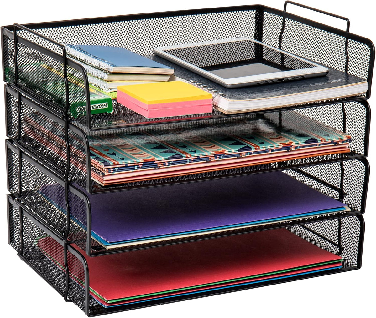 Mind Reader Stackable Paper Tray, Desktop Organizer, File Storage, Office, Metal Mesh, 4 Pcs., Black