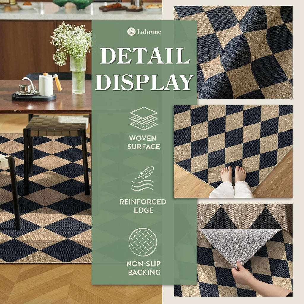 Lahome Checkered Easy Jute 3x5 Entryway Front Porch Rug, Black Diamond Indoor Outdoor Patio Layering Rug, Washable Farmhouse Neutral Non Slip Non Shedding Door Carpet for Backyard Blacony
