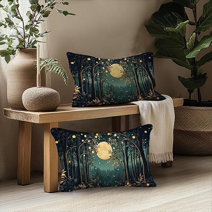 Rustic William Morris Inspired Night Moon Forest Decor Pillow Covers 18x18 Set - Image 5
