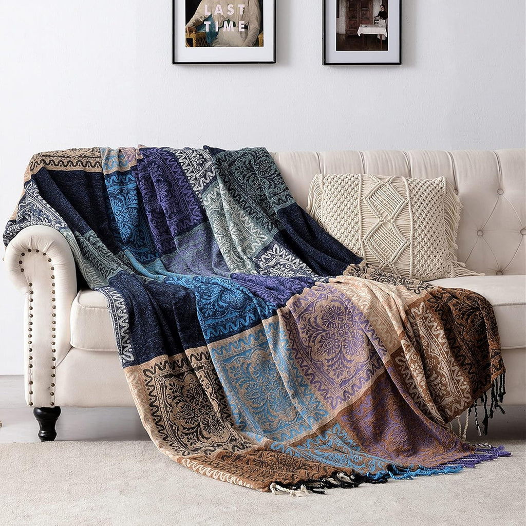 Boho Chair Cover Colorful Chenille Tassels Hippie Throw Blanket for Couch Bed Sofa Recliner Loveseat, Blanket for Bohemian Living Room Decor Purple(60"*75")
