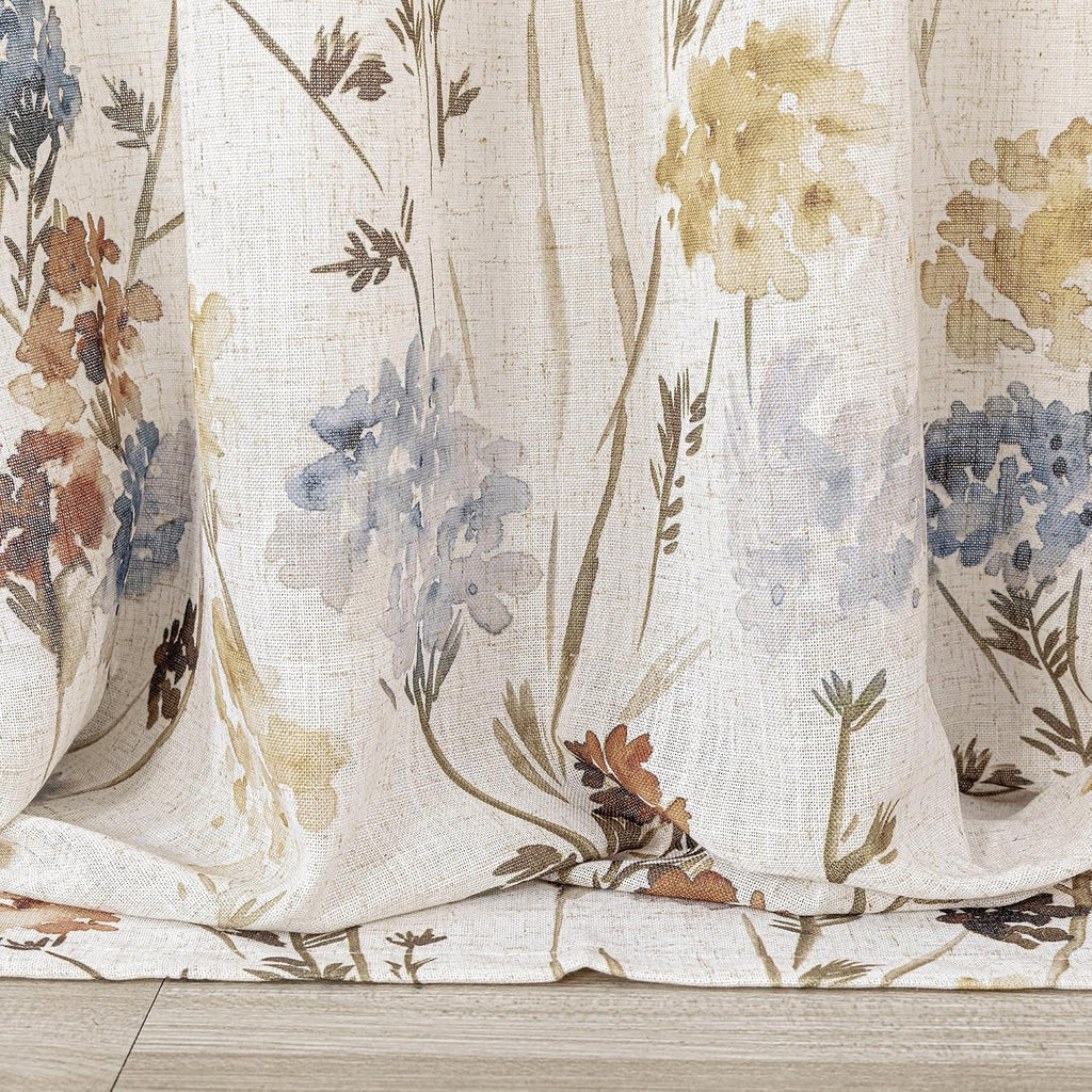 MYSKY HOME Floral Linen Curtains 84 inch Length 2 Panels Set Summer Flower Patterned Semi Sheer Light Filtering Privacy Farmhouse Grommet Drapes for Living/Dining Room, Yellow, W52 x L84, Pack-2