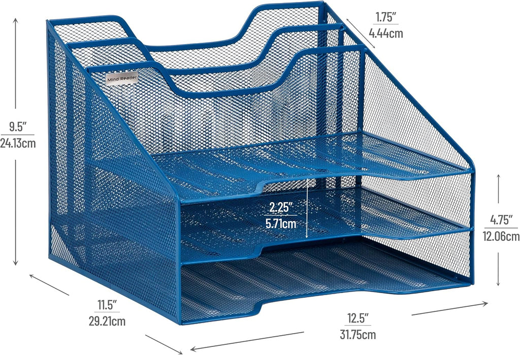 Mind Reader Metal Mesh Desktop File Organizer, 3-Tier Paper Tray with 5 Compartments, Office Mail Sorter, Turquoise