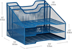 Mind Reader Metal Mesh Desktop File Organizer, 3-Tier Paper Tray with 5 Compartments, Office Mail Sorter, Turquoise