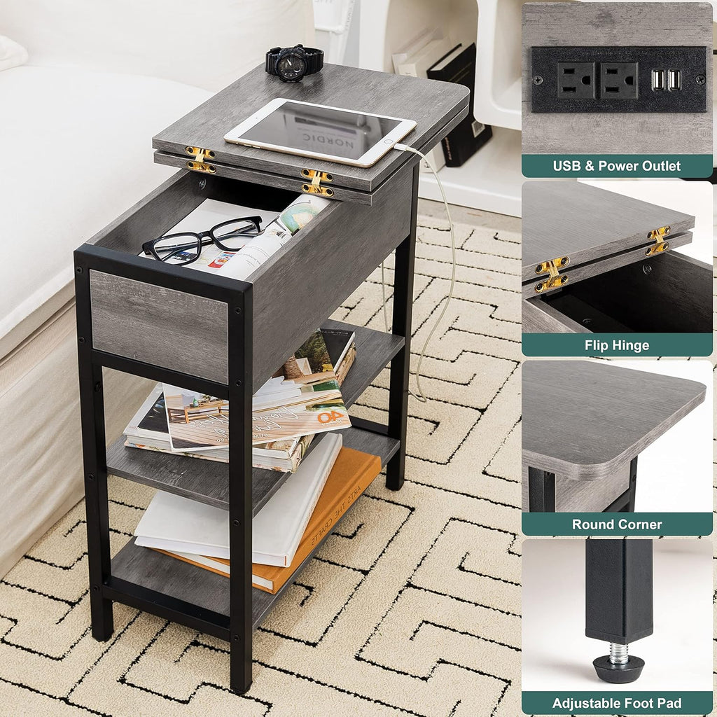 Yoobure End Table with Charging Station, Flip Top Side Table with USB Ports and Outlets, Sofa Couch Table Bedside Table for Living Room Bedroom, Narrow Nightstand with Shelves for Small Space Gray