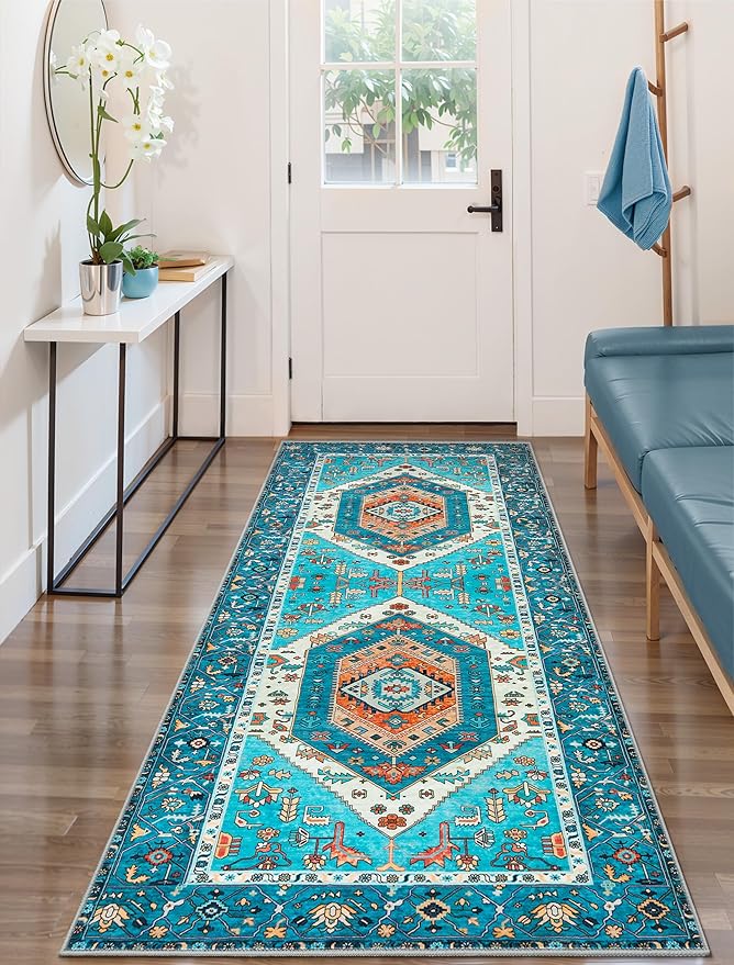 SERISSA Boho Washable Runner Rug, 2x6 Rug Runner Non-Slip Vintage Blue Hallway - Image 2