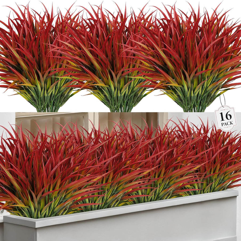 16 Pcs Artificial Plants Outdoor Fake Grass Fall Stems, Red