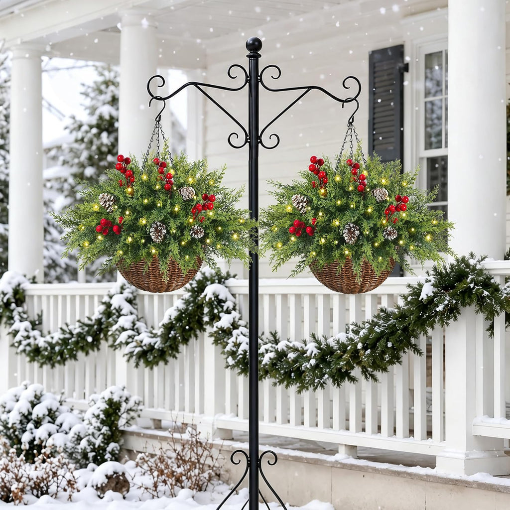 Artificial Cedar Christmas Hanging Baskets for Outdoor with Berry & PineCones, Winter Hanging Baskets with Lights, Artificial Xmas Greenery for Front Porch Patio Outside Urn Fillers Winter Decor