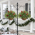 Artificial Cedar Christmas Hanging Baskets for Outdoor with Berry & PineCones, Winter Hanging Baskets with Lights, Artificial Xmas Greenery for Front Porch Patio Outside Urn Fillers Winter Decor