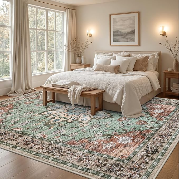 8x10 Area Rugs for Living Room: Washable Rug Soft Vintage Distressed Floral - Image 4