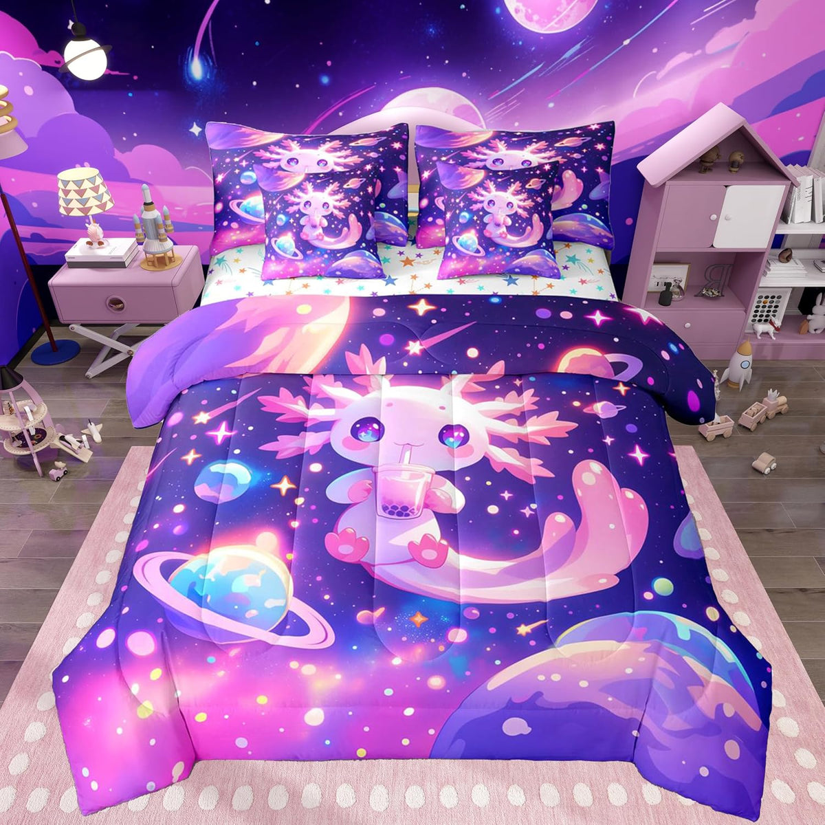 Feelyou Kids Cute Axolotl Comforter Set with Sheets Twin Size, Galaxy Planet Space 7 Pieces Bedding Set Boys Girls Cartoon Animal Bed in A Bag Dreamy Starry Teens Bed Set Bedroom Decor 7Pcs