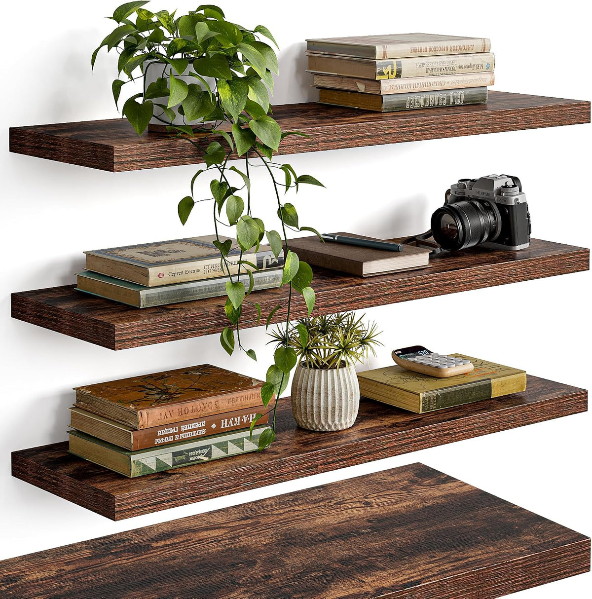 YUFLINX 16’’White Floating Shelves for Wall Set of 4,Rustic Wood Shelf for Room Decor/Storage/Display,Small Bookshelf,Wall Mounted Hanging Shelves for Bedroom, Bathroom, Living Room, Kitchen