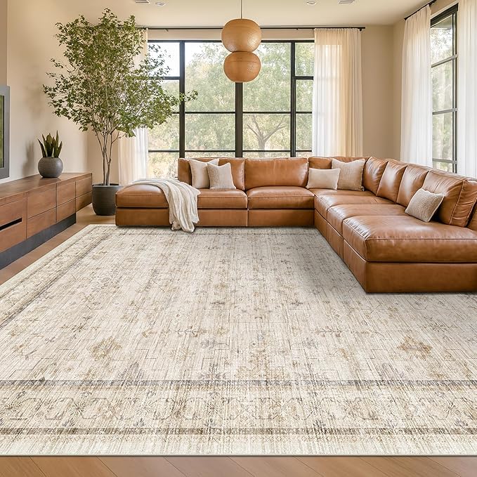Hazo Haus Washable Ivory Living Room Rug, 8x10 Non Slip Area Rugs by HazoHaus