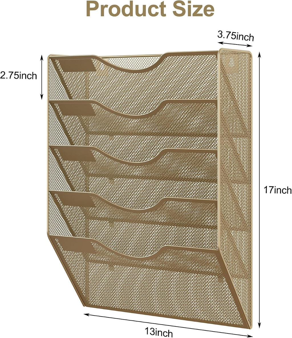 EasyPAG Wall File Organizer 5 Tier Hanging Paper Folder Holder, Zero Assembly Metal Mesh Wall Mounted Mail Organizer for Office Home Classroom Narrow Spaces, Gold