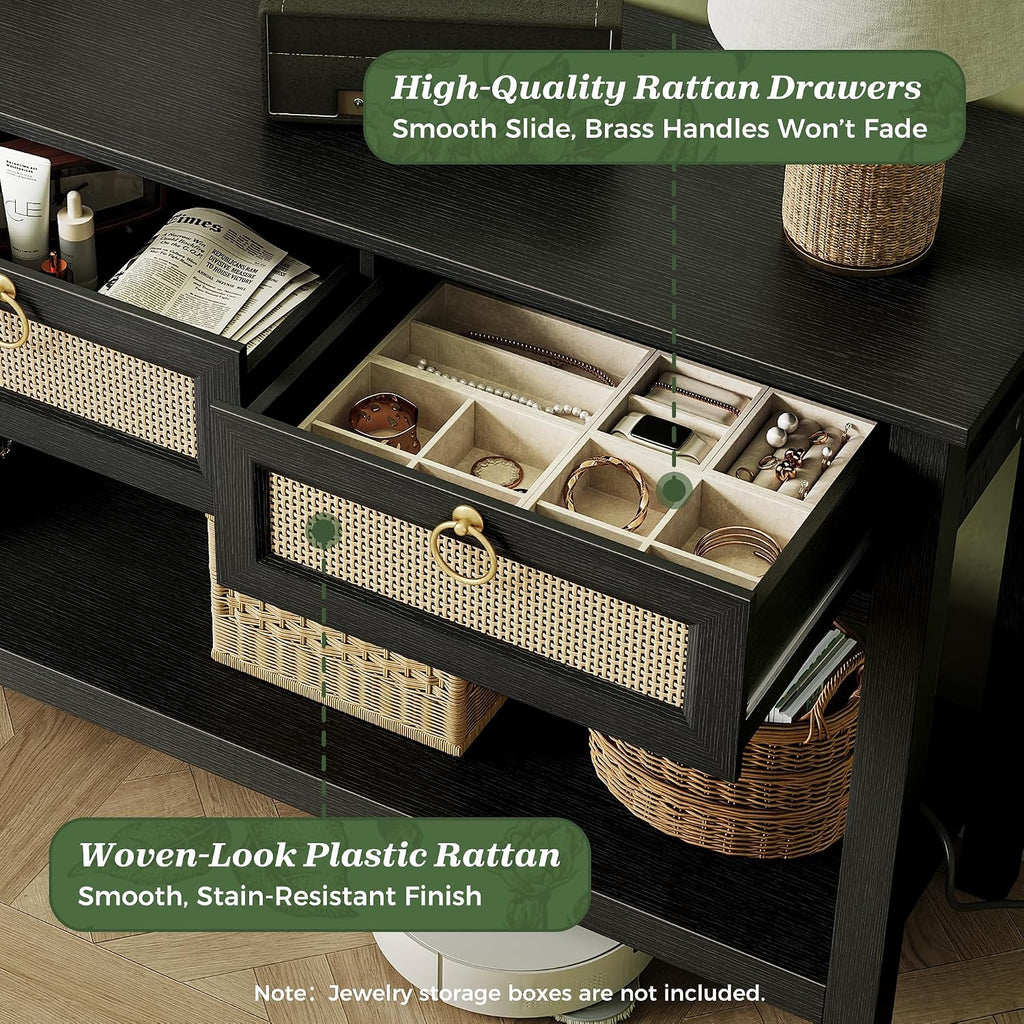 SUPERJARE Rattan Console Sofa Table with Outlets, USB-C Port and 3 Drawers
