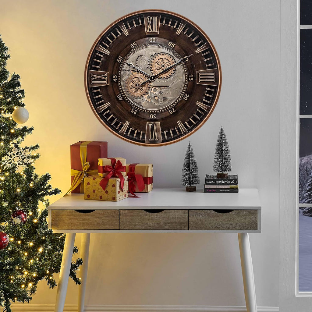 CLXEAST 24 Inch Large Wall Clock with Moving Gears, Antique Gold