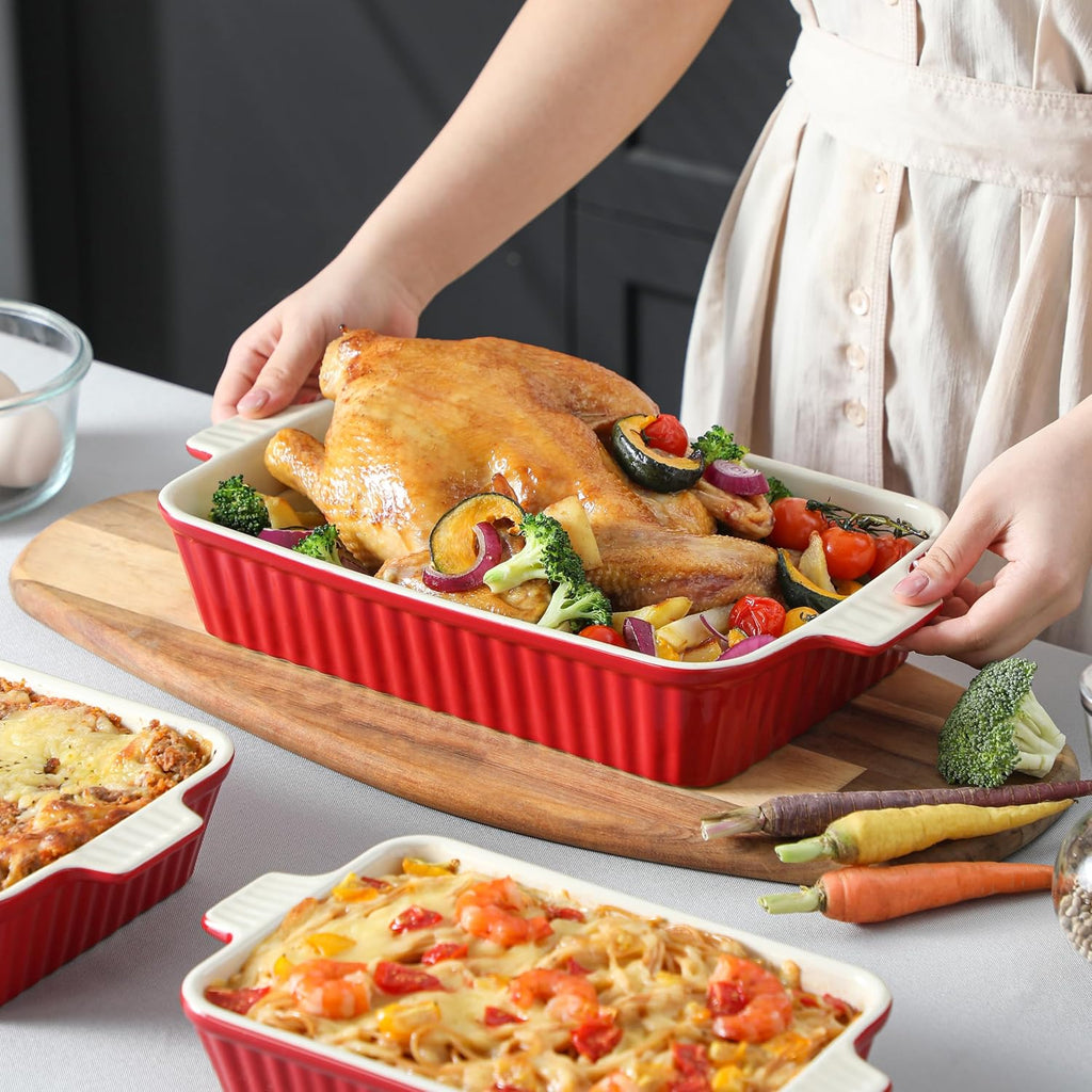 MALACASA Ceramic Casserole Baking Dishes Set of 4, Red with Handles