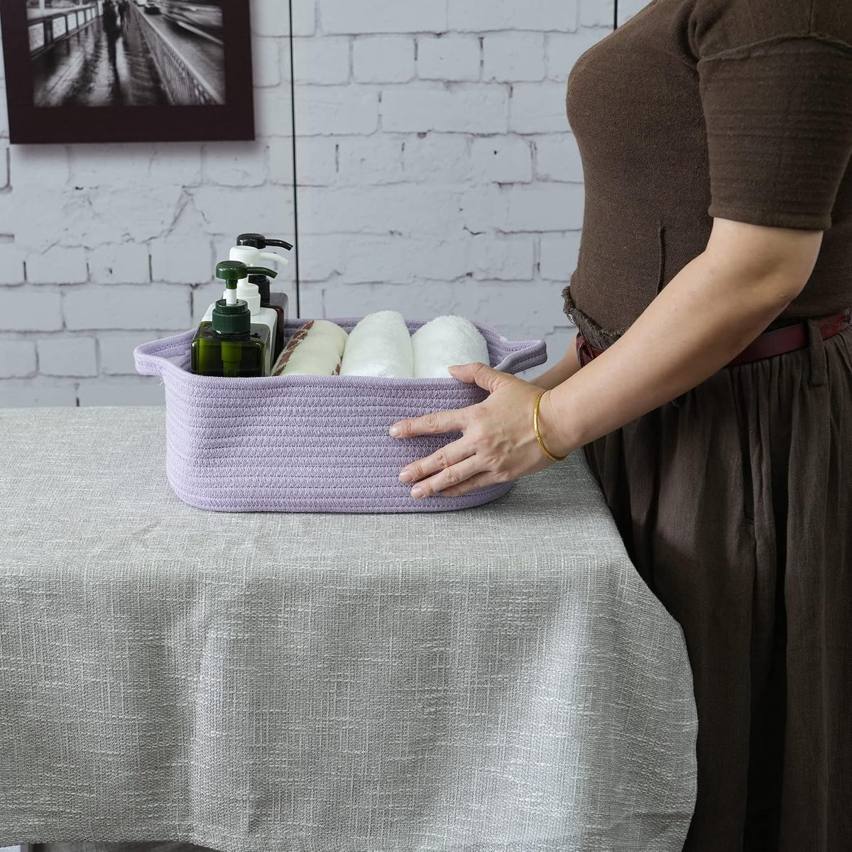 XUANGUO Medium Woven Cotton Rope Storage Basket with Handles, Light Purple