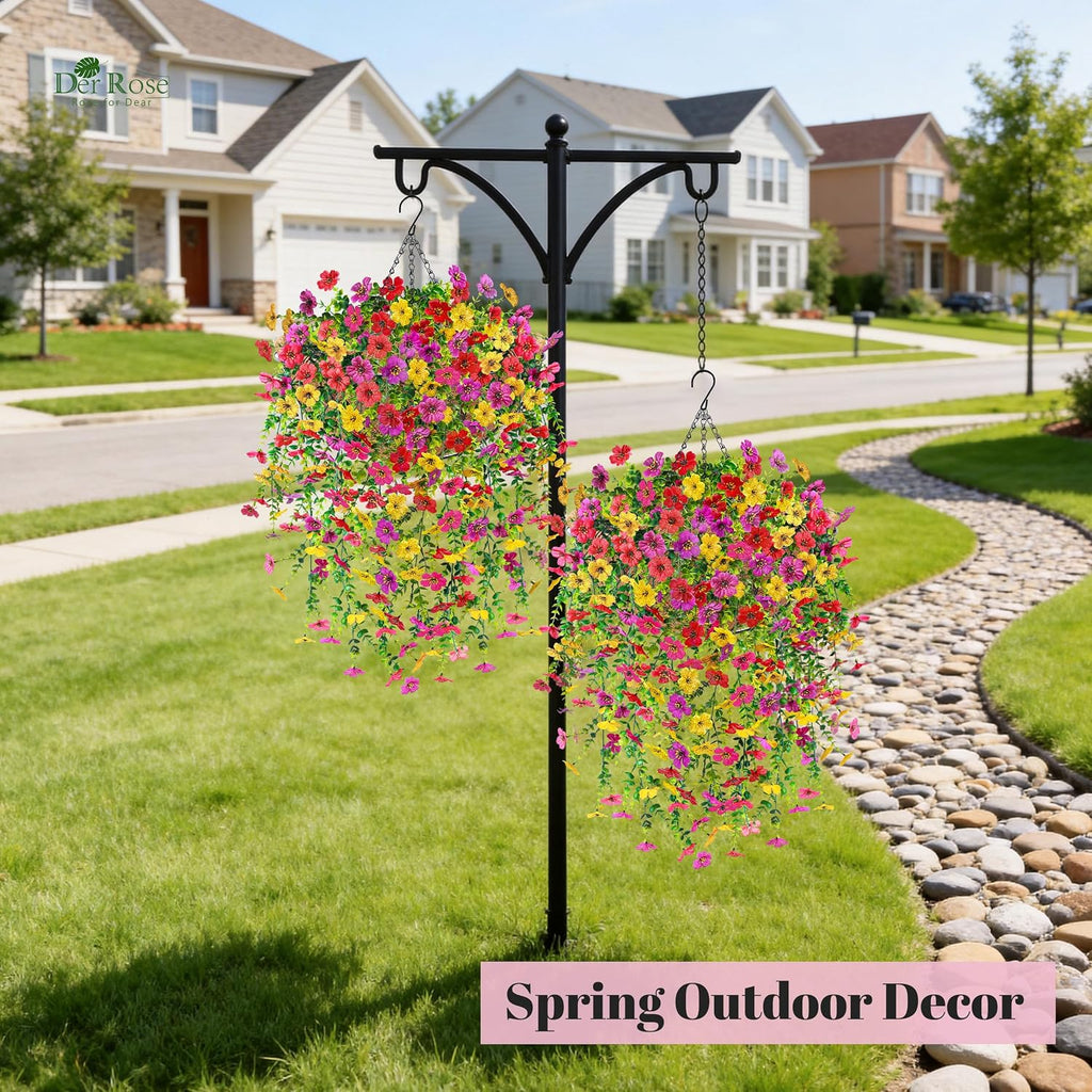 Der Rose 2Pcs Artificial Hanging Flower Basket for Outdoors Fake Hanging Flowers Plants with 4 Faux Silk Trailing Vines for Porch Patio Balcony Spring