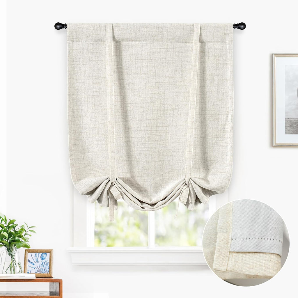 DriftAway Double Layer Linen Blackout Tie Up Curtains Thermal Insulated Fully Lined Balloon Roman Shade Bathroom Window Adjustable Rod Pocket for Small Window 31 Inch by 47 Inch Light Linen