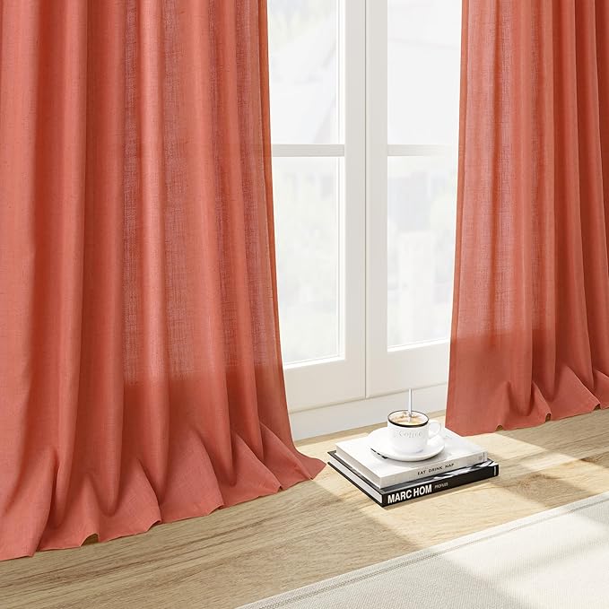 Coral Linen Curtains 84 Inch Length 2 Panels Set Back Tab Rod Pocket Light - Image 6