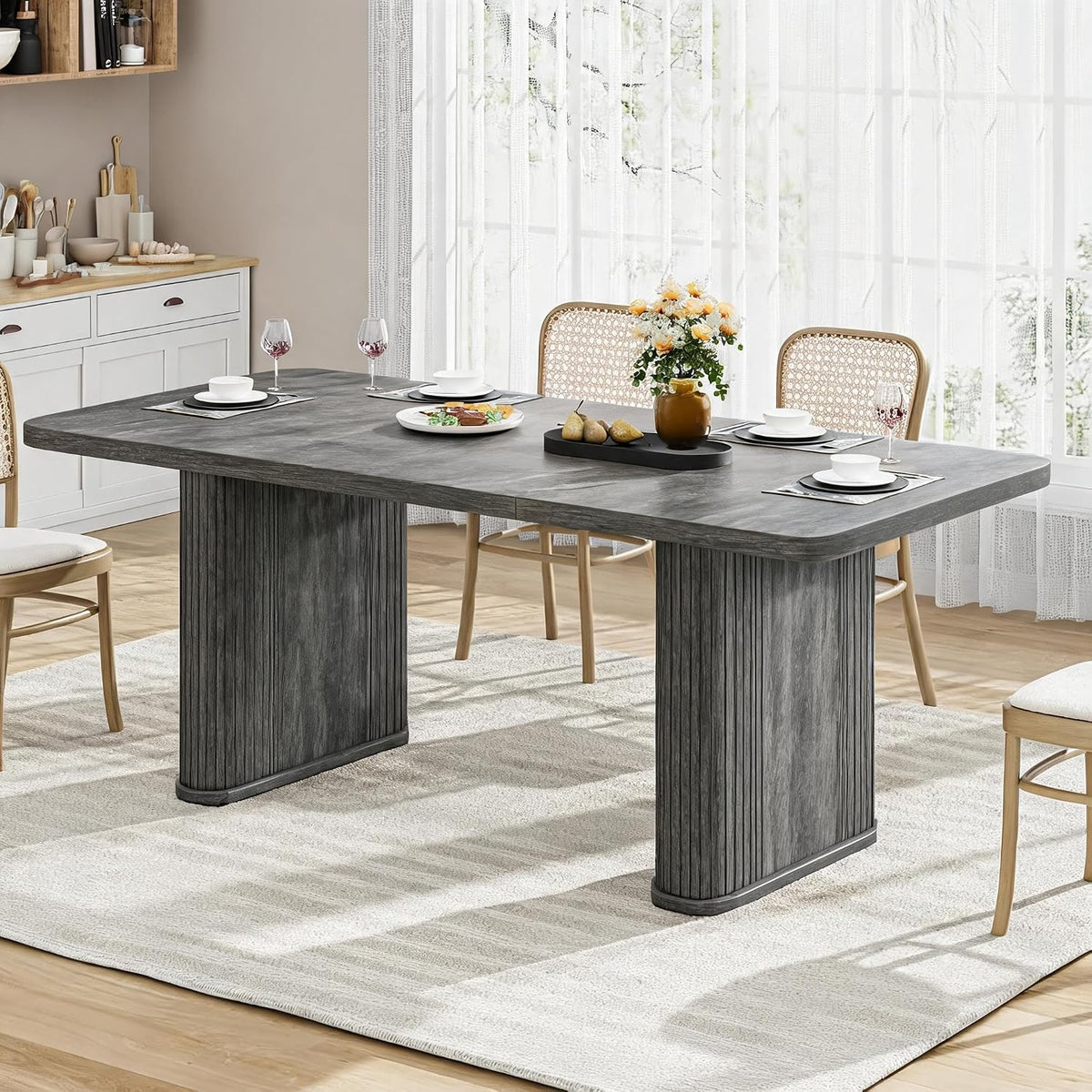 Garvee Dining Table for 6-8 People-62 Long Kitchen Dinner Table, Gray Oak