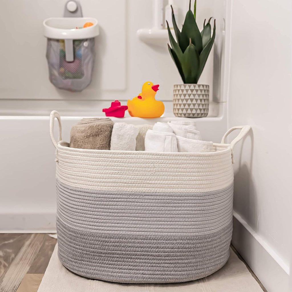 OrganiHaus Large Woven Storage Basket for Blankets and Toys 20" x 13" Inch, Rope Laundry Basket with Handles, Cushions & Pillows Storage Bin, Nursery Hamper, Soft Round Dog Toy Bin - Gray