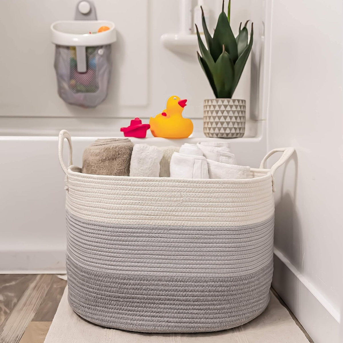 OrganiHaus Large Woven Storage Basket for Blankets and Toys 20" x 13" Inch, Rope Laundry Basket with Handles, Cushions & Pillows Storage Bin, Nursery Hamper, Soft Round Dog Toy Bin - Gray